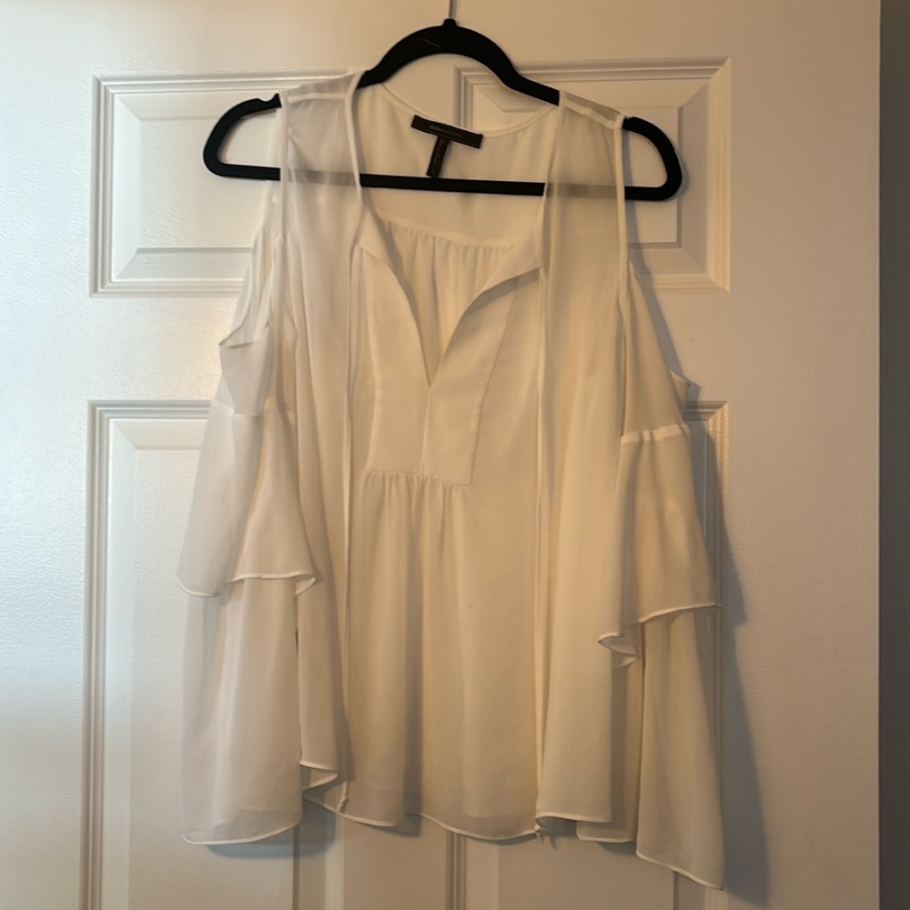 BCBG Maxazria White Sheer Off the Shoulder Blouse Top